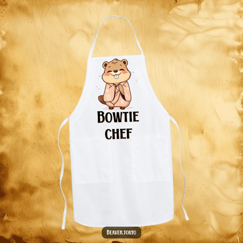 Funny delighted beaver in an elegant kimono gracefully bowing with joy, kitchen apron, stylish chef accessory, polite animal graphic, funny gift.