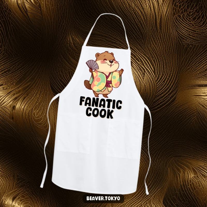 Funny cute beaver wearing a colorful kimono playfully waving a fan, kitchen apron, chef accessory, adorable animal print, funny gift.