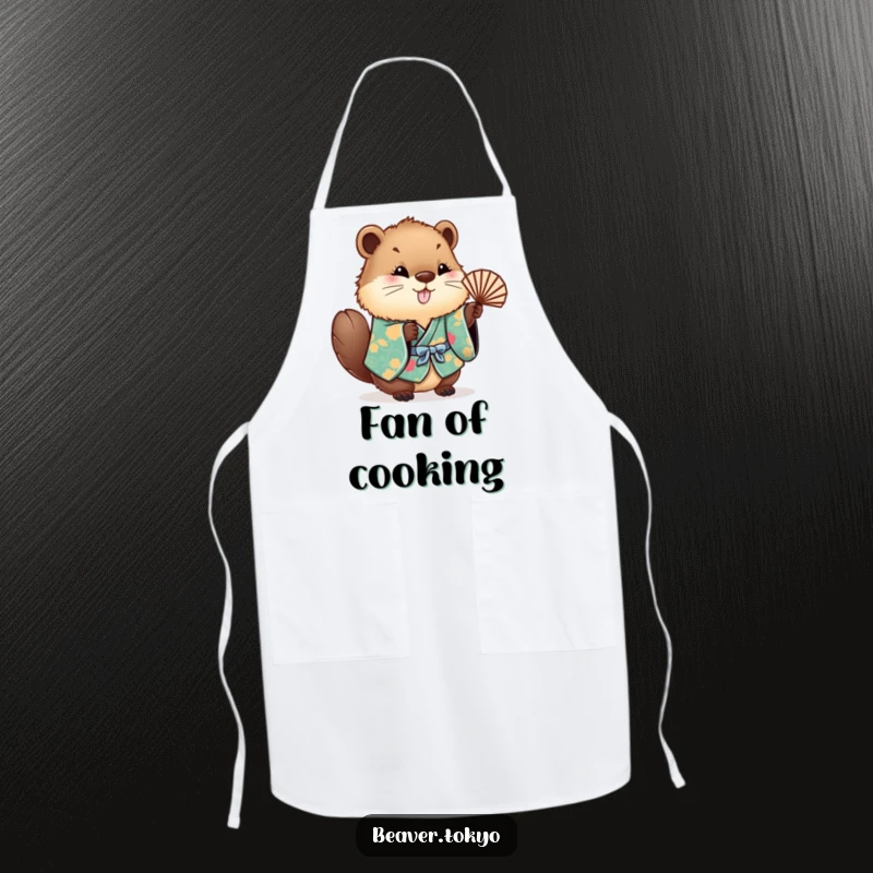 Funny fluffy beaver in a colorful kimono, waving a fan while cooking, durable kitchen apron, humorous chef accessory, gift.