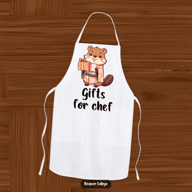 Cute beaver in a patterned kimono balances a stack of wrapped gifts, durable kitchen apron, humorous and charming design, gift.