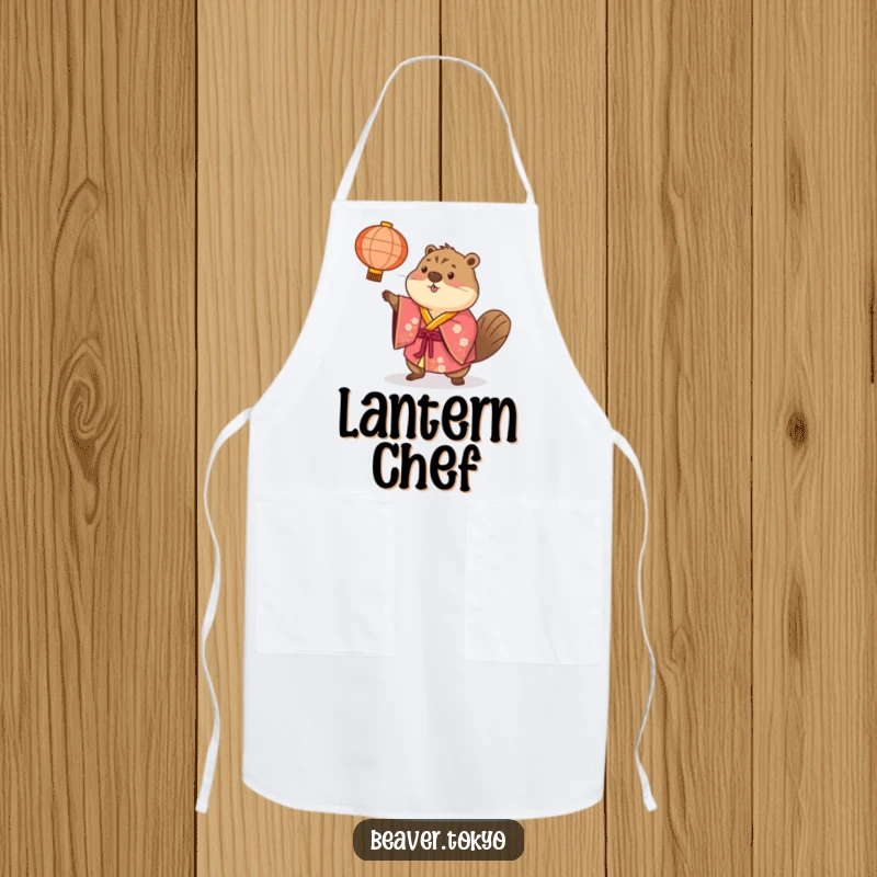 Beaver in a brightly colored kimono playfully tosses a paper lantern, durable kitchen apron, festive and humorous design, gift.