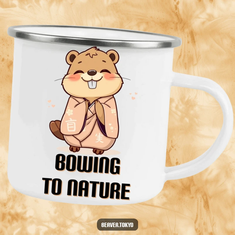 Funny delighted beaver in an elegant kimono gracefully bowing with joy, enamel camping mug, outdoor drinkware, polite animal art, funny gift.