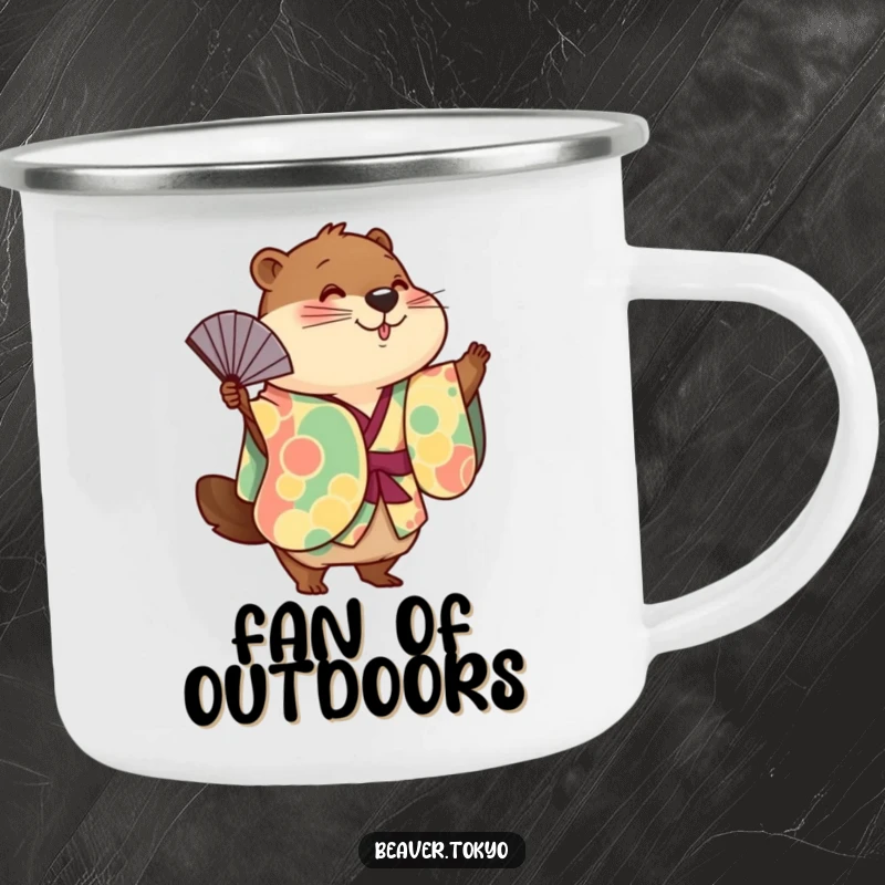 Funny cute beaver wearing a colorful kimono playfully waving a fan, enamel camping mug, outdoor drinkware, cute animal art, funny gift.
