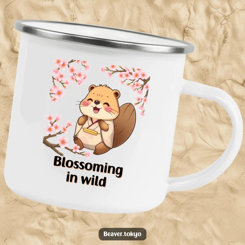 Funny happy beaver in traditional kimono surrounded by cherry blossom petals, enamel camping mug, outdoor drinkware, peaceful animal art, funny gift.