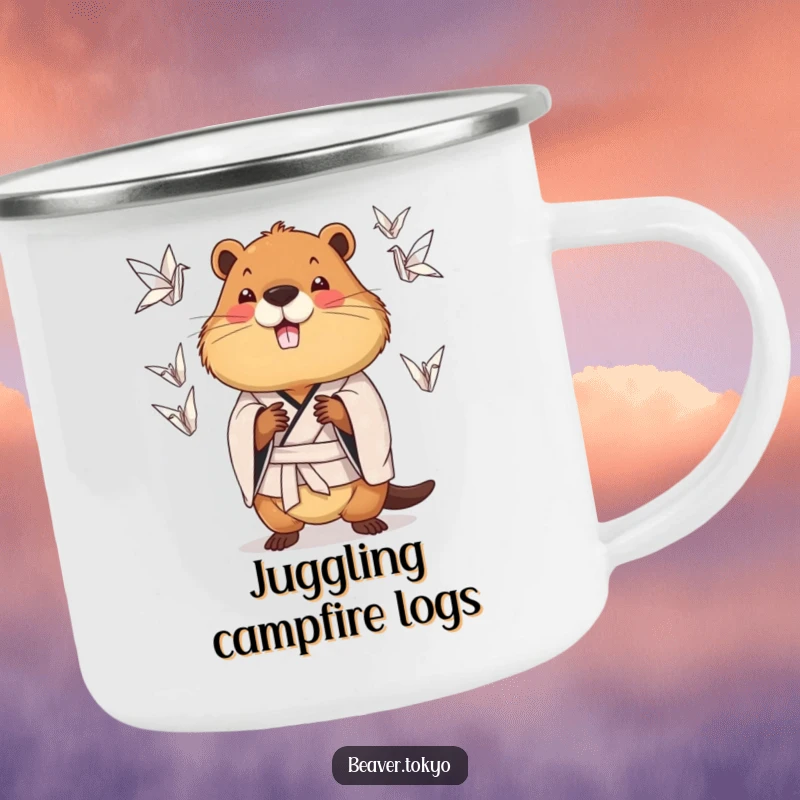 Funny chubby beaver wearing a patterned kimono juggling origami cranes, enamel camping mug, outdoor drinkware, juggling animal art, funny gift.