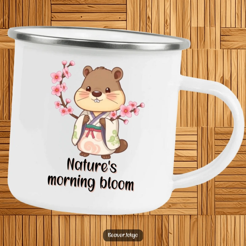 Beaver in a traditional kimono holds a cherry blossom branch, durable camping mug, artistic nature design, outdoor essential, gift.