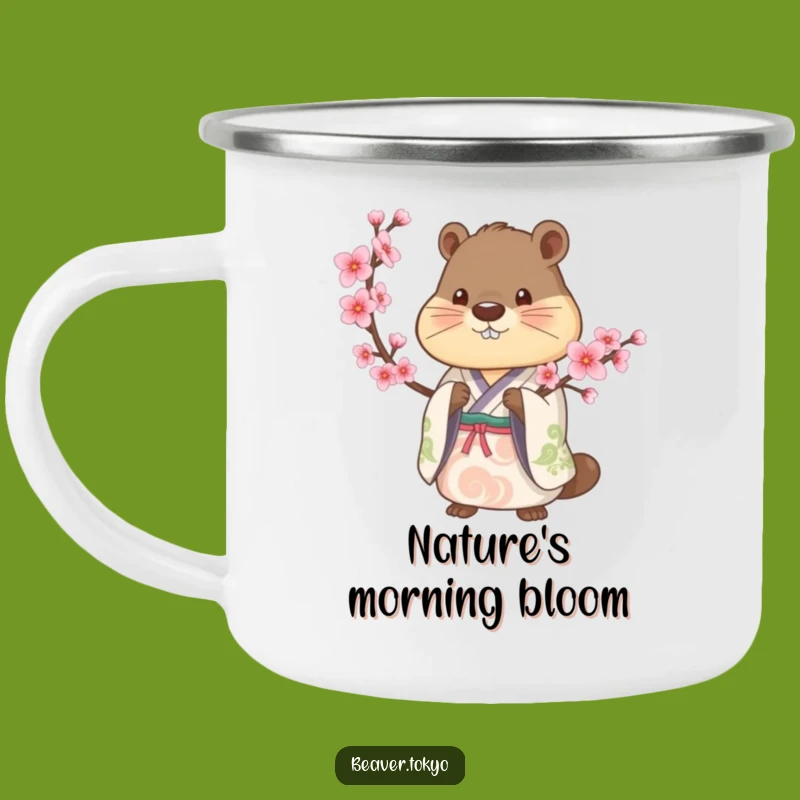 Serene Beaver Kimono Camping Mug - Cherry Blossom Nature Cup Gift