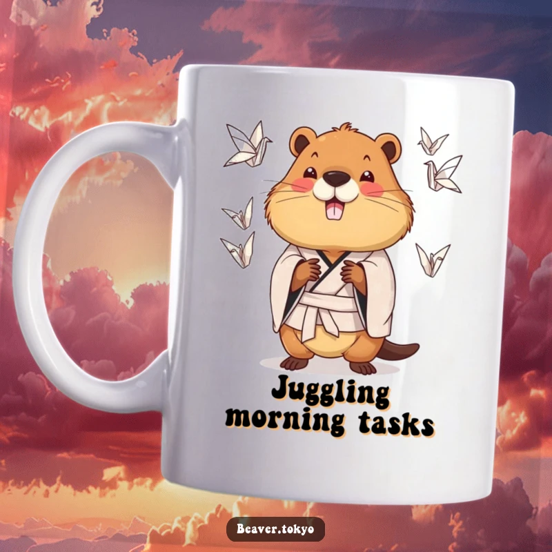 Funny chubby beaver wearing a patterned kimono juggling origami cranes, talented animal, whimsical mug, unique gift.