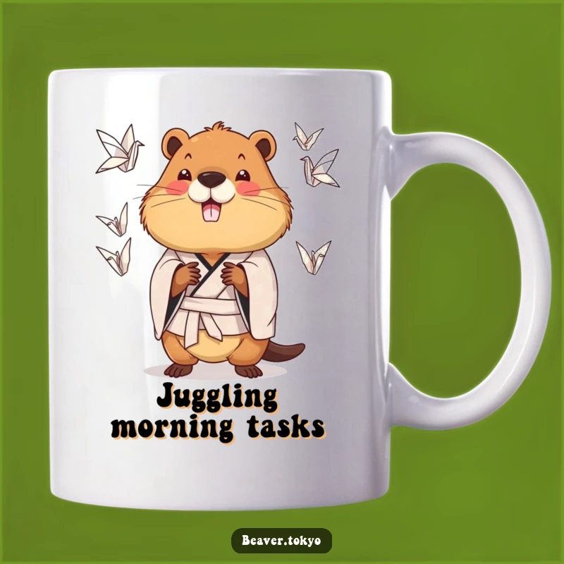 Funny Juggling Beaver Mug: Chubby Kimono Acrobat, Hilarious Gift
