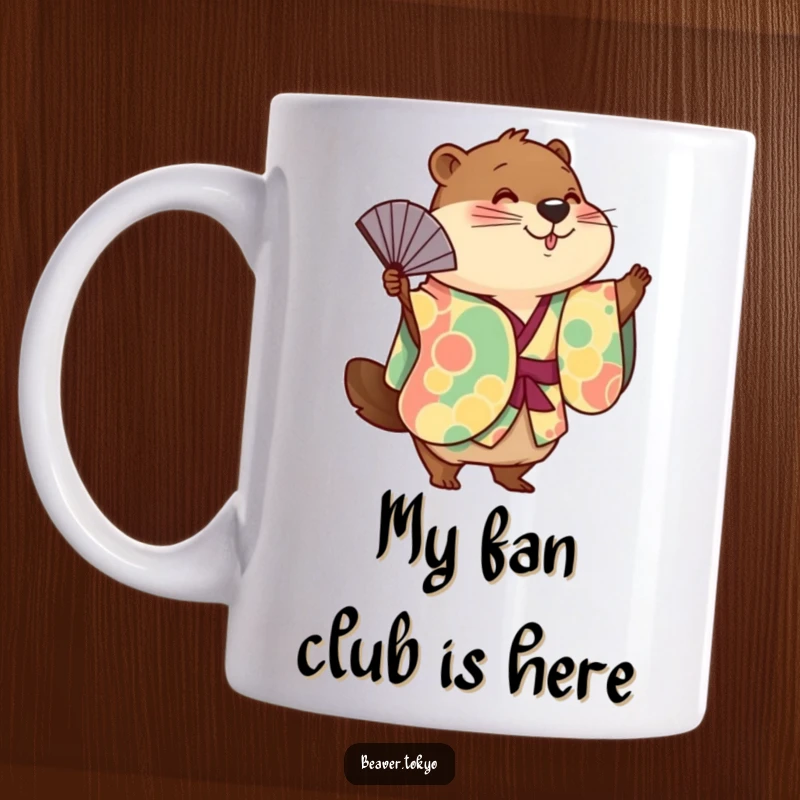 Funny cute beaver wearing a colorful flowing kimono, playfully waving a fan, delightful mug for animal lovers, unique gift idea.