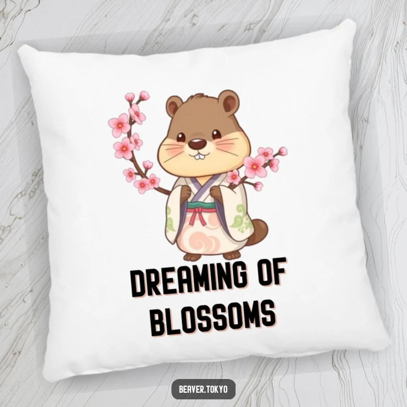 Beaver in a traditional kimono holds a cherry blossom branch, soft decorative pillow, artistic nature design, calming cushion, gift.