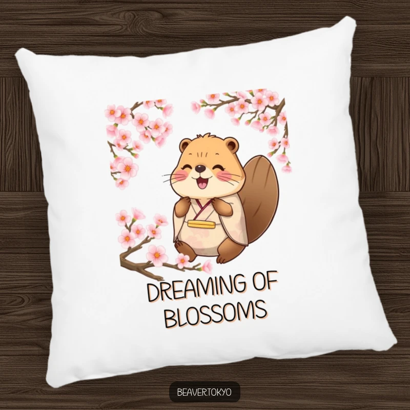 Funny happy beaver in traditional kimono surrounded by cherry blossom petals, plush decorative pillow, peaceful animal accent, funny gift.