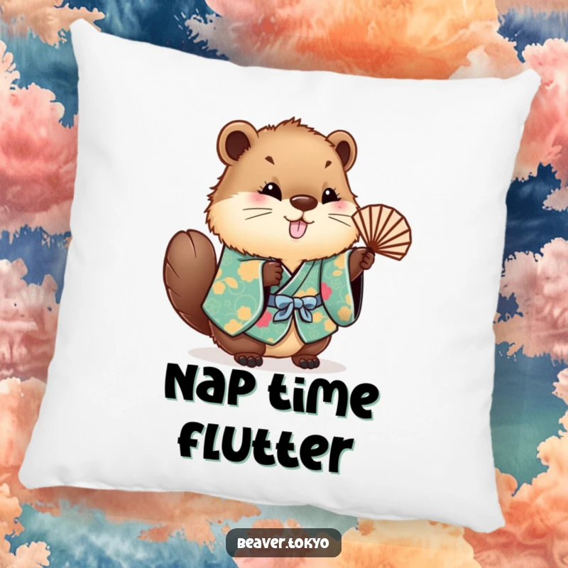 Funny fluffy beaver in a kimono, waving a small fan, soft decorative pillow, cute and humorous home accent, gift idea.