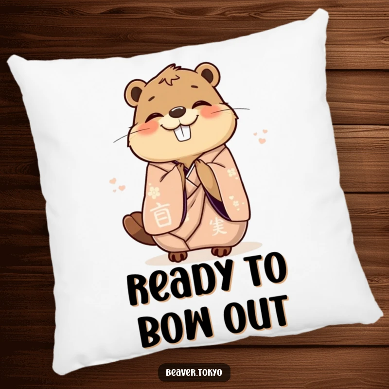 Funny delighted beaver in an elegant kimono gracefully bowing with joy, plush decorative pillow, elegant animal accent, funny gift.