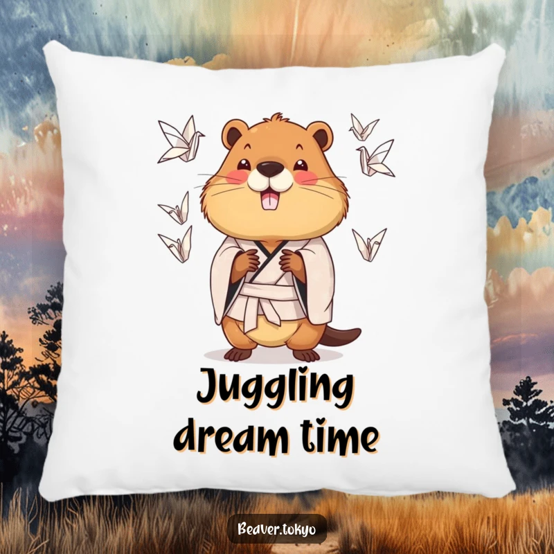 Funny chubby beaver wearing a patterned kimono juggling origami cranes, plush decorative pillow, talented animal accent, funny gift.