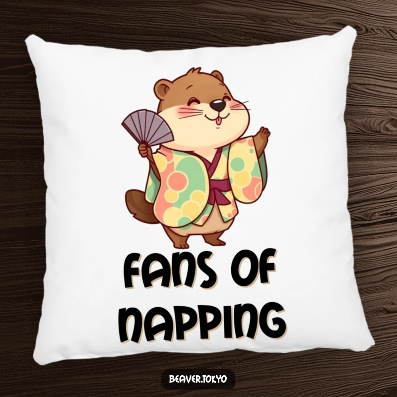 Funny cute beaver wearing a colorful kimono playfully waving a fan, soft decorative pillow, charming accent cushion, funny gift.