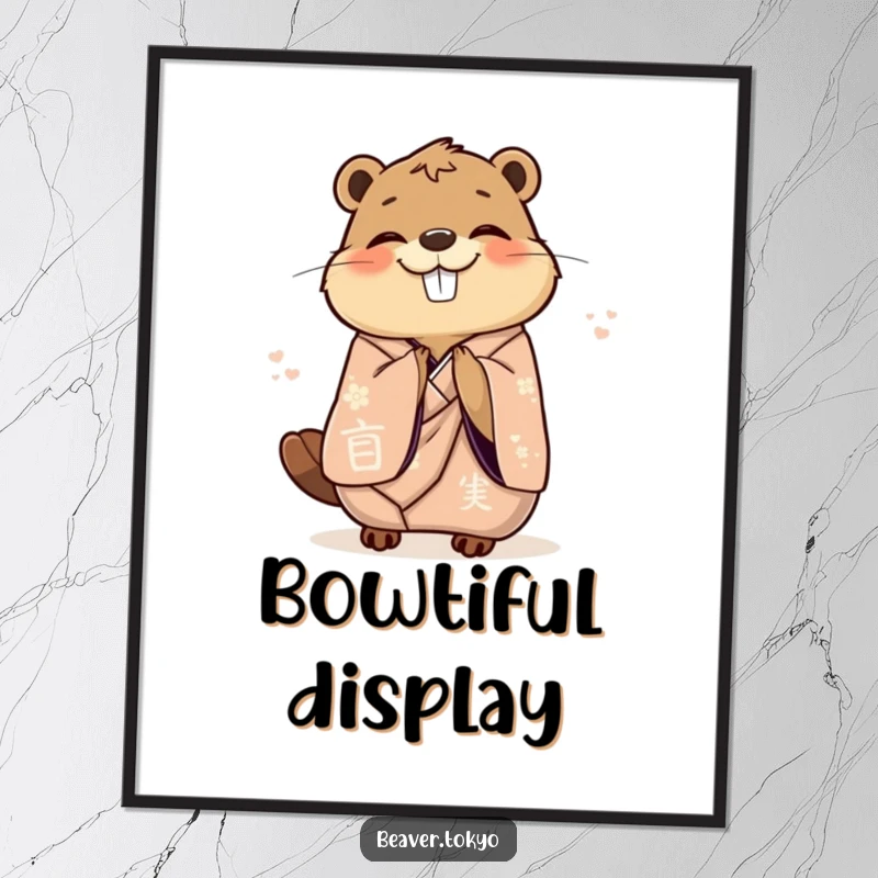 Funny delighted beaver in an elegant kimono gracefully bowing with joy, digital download art, printable wall decor, elegant animal illustration.