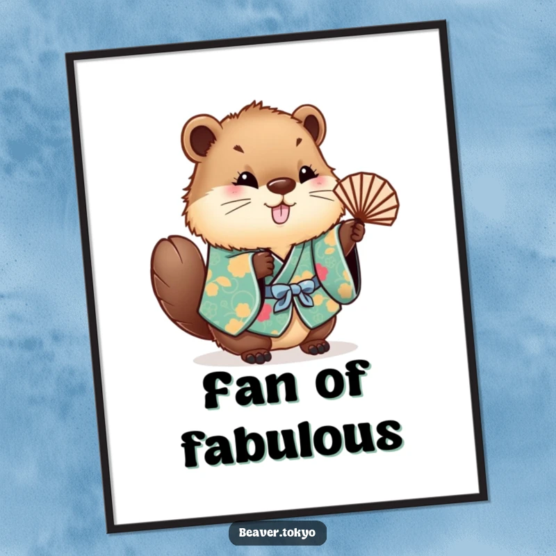 Funny fluffy beaver in a colorful kimono, waving a fan, high-resolution digital art print, whimsical character illustration, gift.