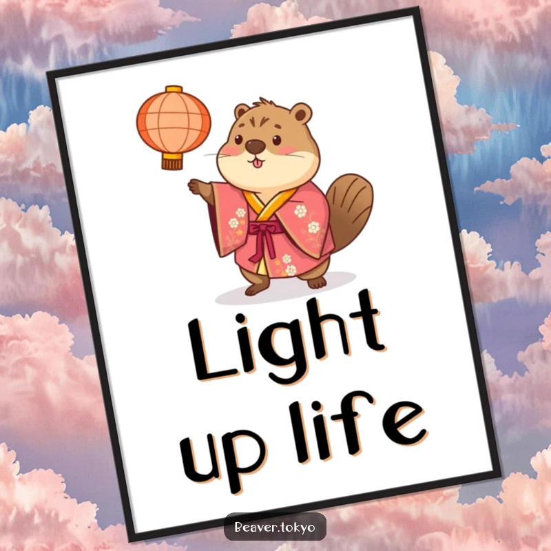 Beaver in a brightly colored kimono playfully tosses a paper lantern, high-resolution digital art print, festive and humorous illustration, gift.