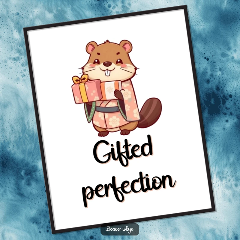 Cute beaver in a patterned kimono balances a stack of wrapped gifts, high-resolution digital art print, humorous and charming illustration, gift.