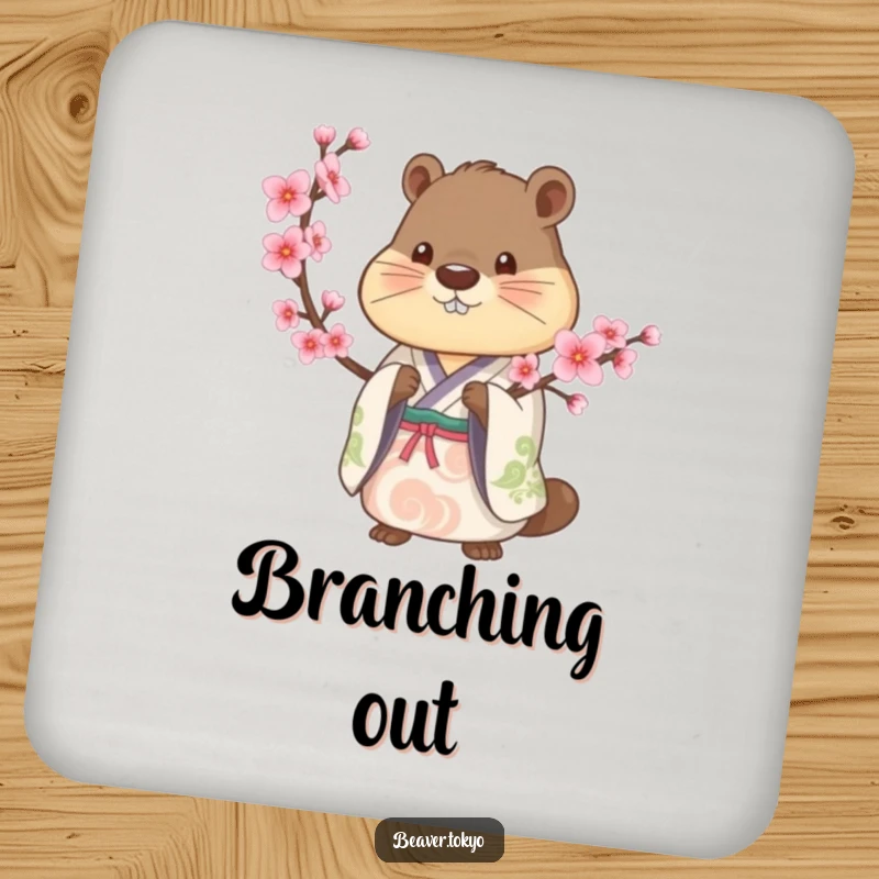 Beaver in a traditional kimono holds a cherry blossom branch, artistic drink coaster, nature-themed table accessory, elegant design, gift.