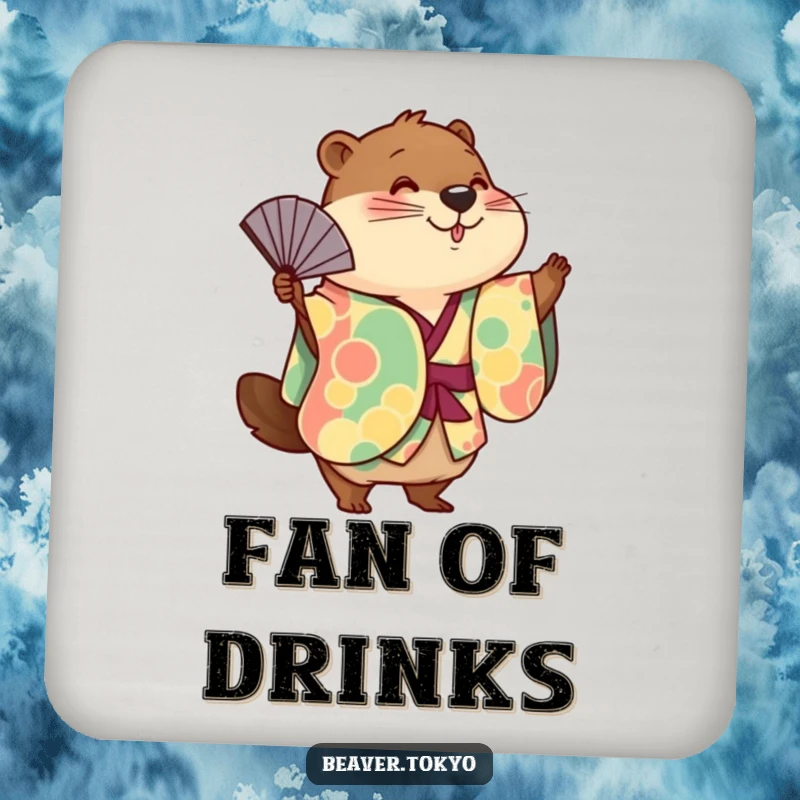 Funny cute beaver wearing a colorful kimono playfully waving a fan, absorbent drink coaster, unique home decor, charming animal graphic, funny gift.