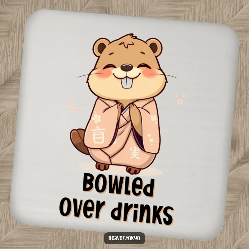 Funny delighted beaver in an elegant kimono gracefully bowing with joy, absorbent drink coaster, elegant home decor, polite animal graphic, funny gift.