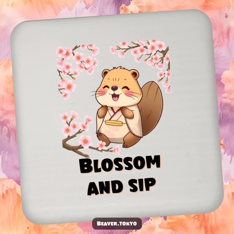 Funny happy beaver in traditional kimono surrounded by cherry blossom petals, absorbent drink coaster, serene home decor, nature-themed animal graphic, funny gift.