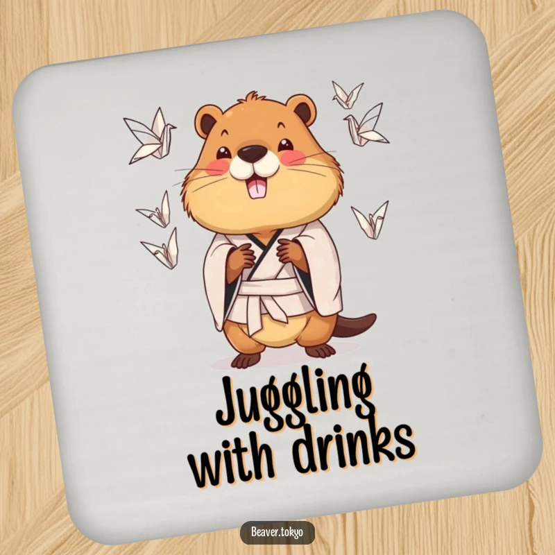 Funny chubby beaver wearing a patterned kimono juggling origami cranes, absorbent drink coaster, quirky home decor, juggling animal graphic, funny gift.