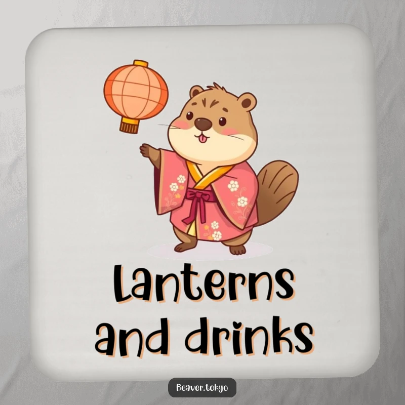 Beaver in a brightly colored kimono playfully tosses a paper lantern, absorbent drink coaster, festive and humorous table accessory, gift.