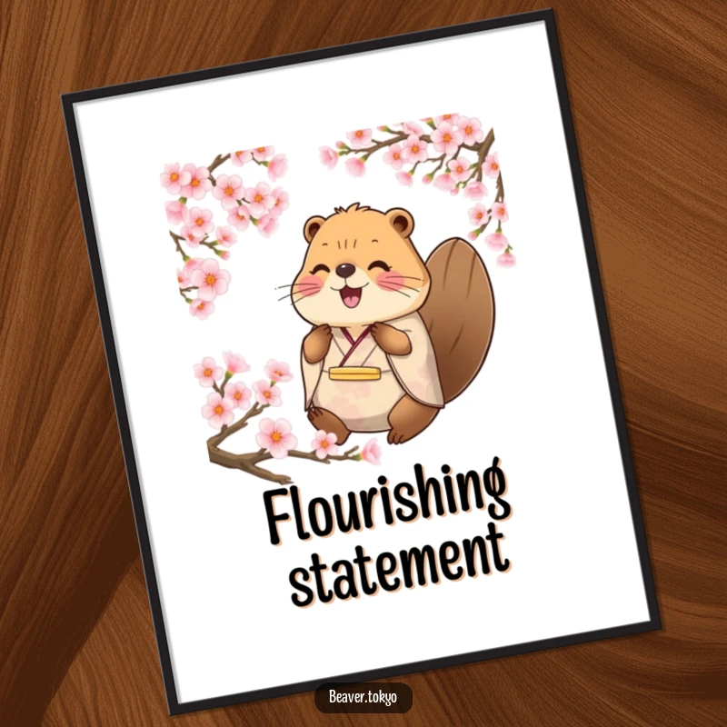 Funny happy beaver in traditional kimono surrounded by cherry blossom petals, serene wall art, nature-themed animal illustration, peaceful poster.