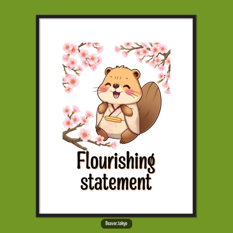 Funny Happy Beaver Poster: Traditional Kimono Art, Sakura Wall Decor