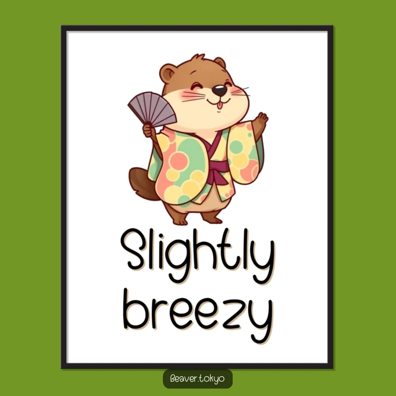 Funny Kimono Beaver Poster: Playful Fan Dance Art, Whimsical Wall Decor
