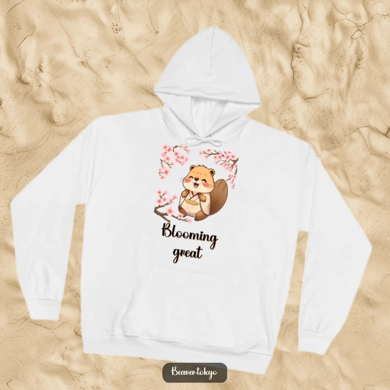 Funny happy beaver in traditional kimono surrounded by cherry blossom petals, warm hoodie, peaceful animal design, funny gift.