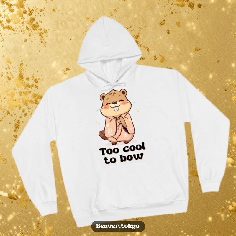Funny delighted beaver in an elegant kimono gracefully bowing with joy, warm hoodie, sophisticated animal design, funny gift.