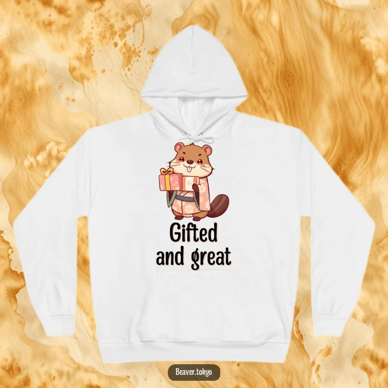 Cute beaver in a patterned kimono balances a stack of wrapped gifts, soft and warm hoodie, humorous and charming design, gift.
