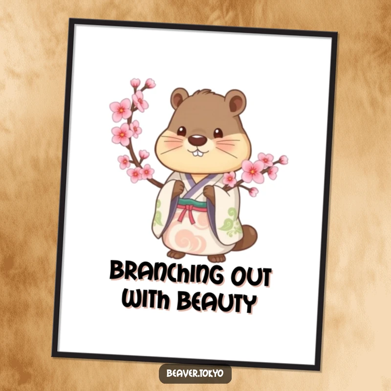 Free Printable Beaver Wall Art: Elegant beaver in a traditional kimono holds a blooming cherry blossom branch, creating peace.