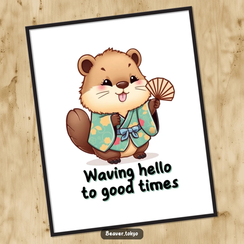 Funny Free Printable Beaver Wall Art: Adorable beaver in a colorful kimono playfully waves a small fan, bringing joy.