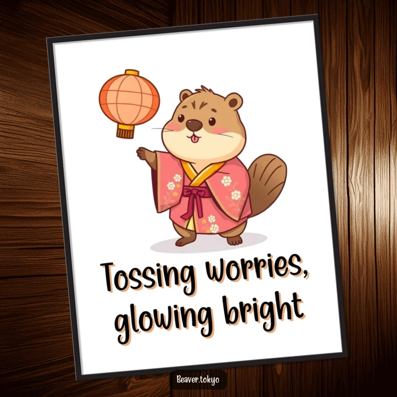 Free Printable Beaver Wall Art: A beaver in a brightly colored kimono playfully tosses a paper lantern, creating a festive mood.
