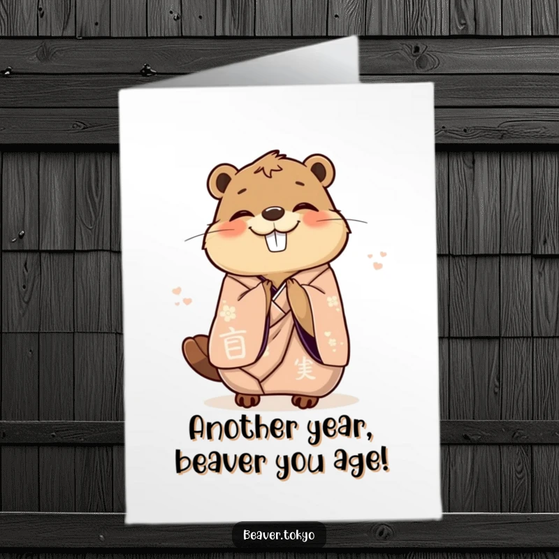 Funny Free Printable Birthday Card: Delighted beaver in elegant kimono gracefully bowing with joy.