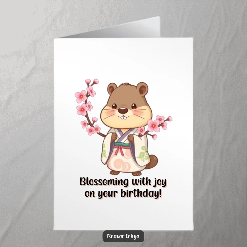 Free Printable Beaver Birthday Card: Peaceful beaver in a kimono holds a cherry blossom branch, wishing a happy birthday.