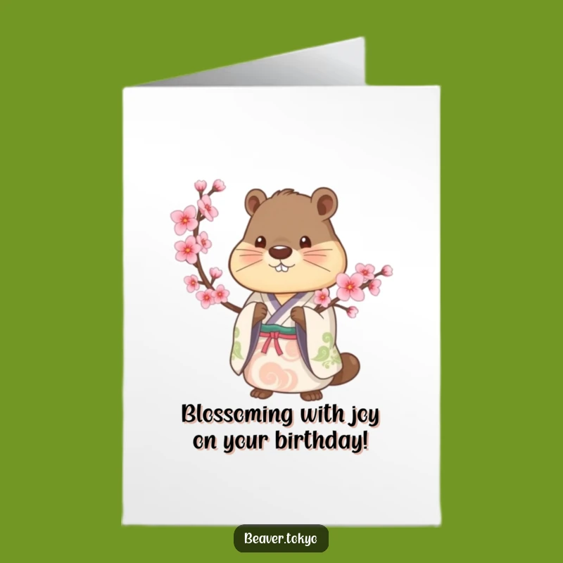 Free Printable Beaver Birthday Card: Cherry Blossom Joyful Wish Downloadable
