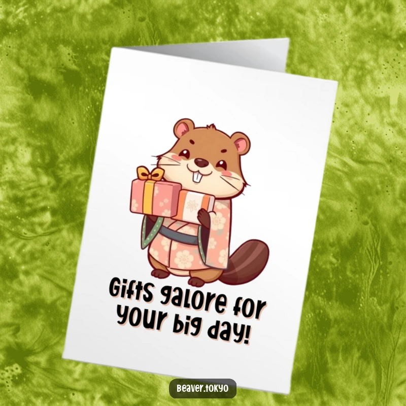 Free Printable Beaver Birthday Card: Cute beaver in a kimono precariously balances many wrapped gifts, ready for your birthday.