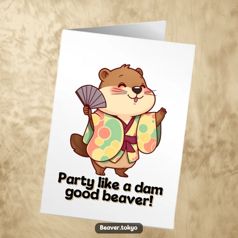 Funny Free Printable Birthday Card: Cute beaver in kimono playfully waving a fan, ready for a celebration.