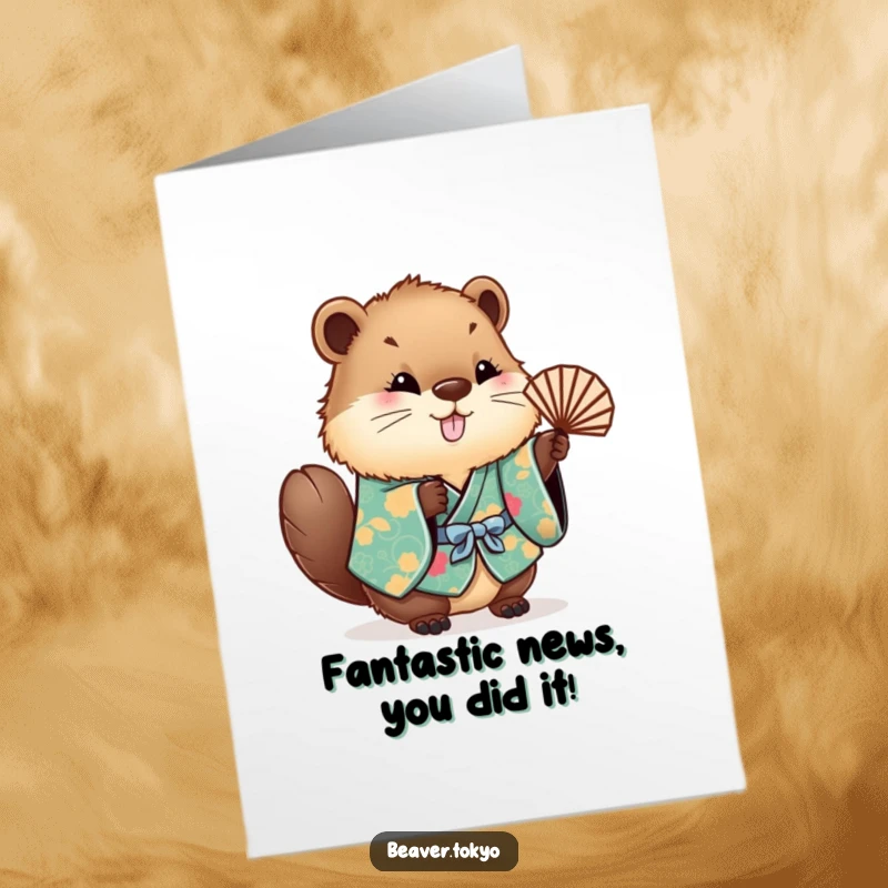 Funny Free Printable Beaver Congratulations Card: Happy beaver in a kimono waves a fan, celebrating your amazing achievement.