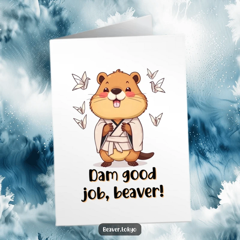 Funny Free Printable Congratulations Card: Chubby beaver in a kimono juggling delicate origami cranes.