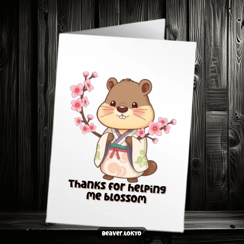 Free Printable Beaver Thank You Card: Calm beaver in a kimono holds a cherry blossom branch, expressing gratitude.
