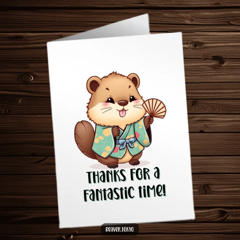 Funny Free Printable Beaver Thank You Card: Cute beaver in a kimono waves a fan, expressing heartfelt thanks.