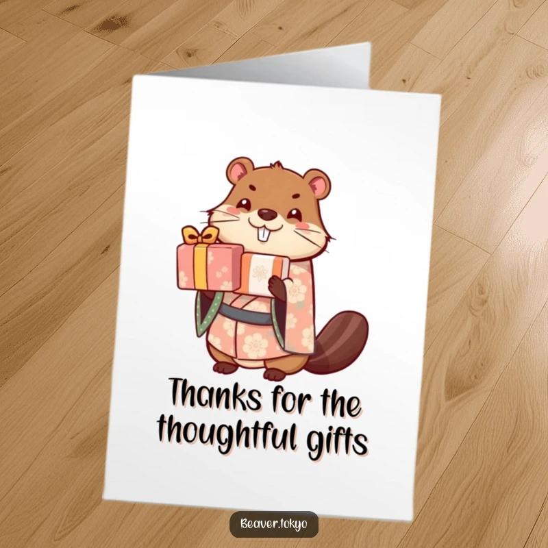 Free Printable Beaver Thank You Card: Cute beaver in a kimono balances many wrapped gifts, saying thank you happily.