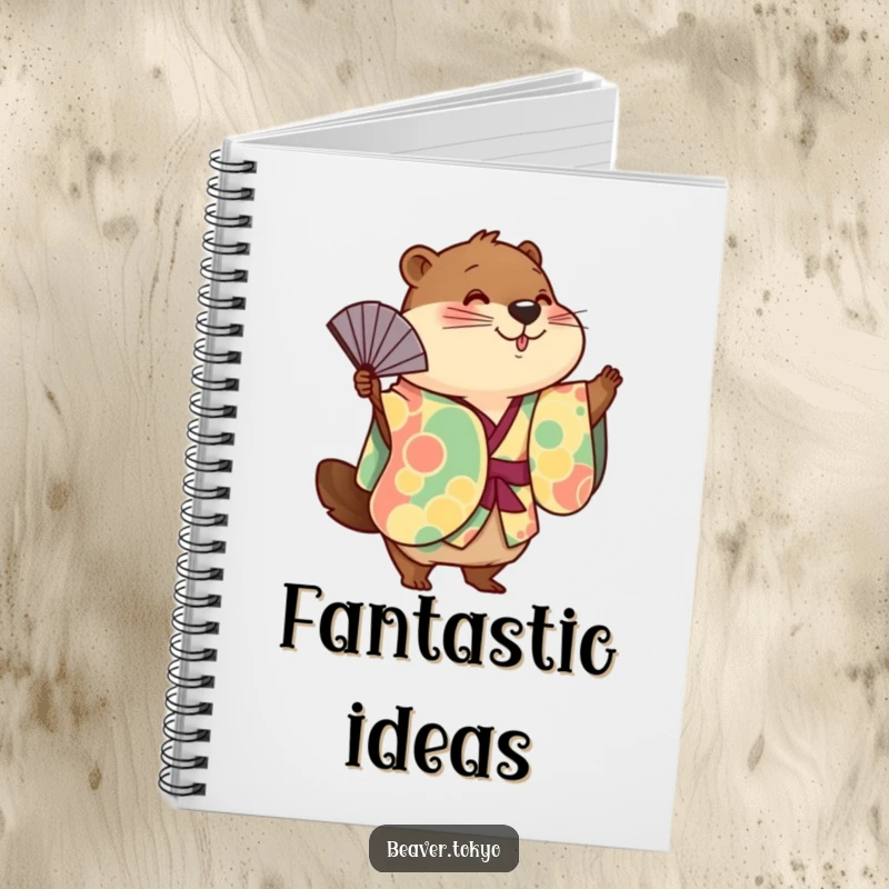 Funny cute beaver wearing a colorful kimono playfully waving a fan, journal notebook, writing pad, cute animal stationery, funny gift.